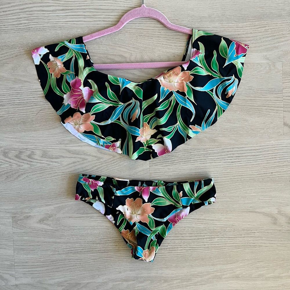 Show Me Your Mumu Mermaid Tropical Floral Ruffle Bikini Top + Bottom Sz S
